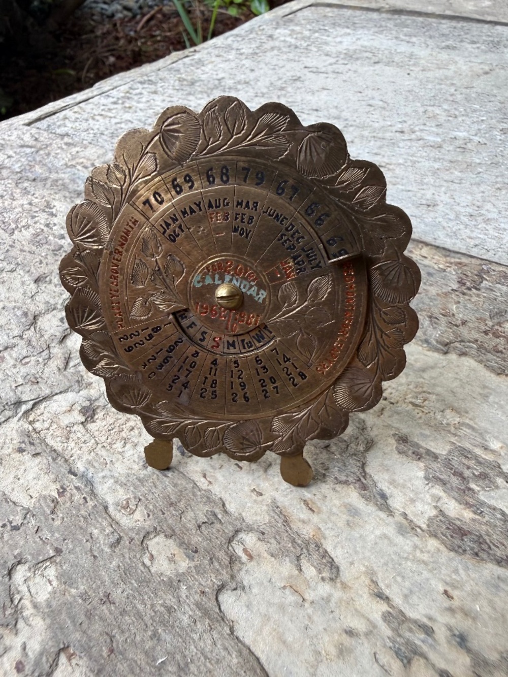 Mini 20 Year Vintage Perpetual Brass Round Calendar Standing 1962-1981 Desktop.